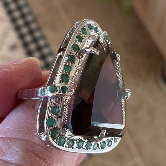 NWOT STERLING SILVER 925 Smoky Topaz/Emerald Ring Size US 7.5 - Picture 3 of 11